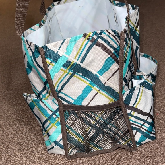 Thirty One Blue/Brown Plaid Canvas Utility Tote Bag with Brown Straps - Picture 6 of 10
